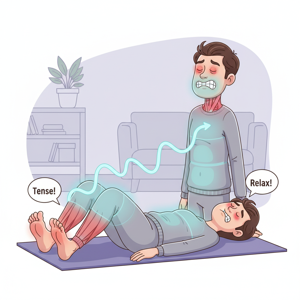 A tranquil setting encouraging successful practice of PMR: showing tips like breathing rhythm, gentle muscle tension, consistent practice, and mental cues, possibly with a person meditating or relaxing with soft nature sounds.