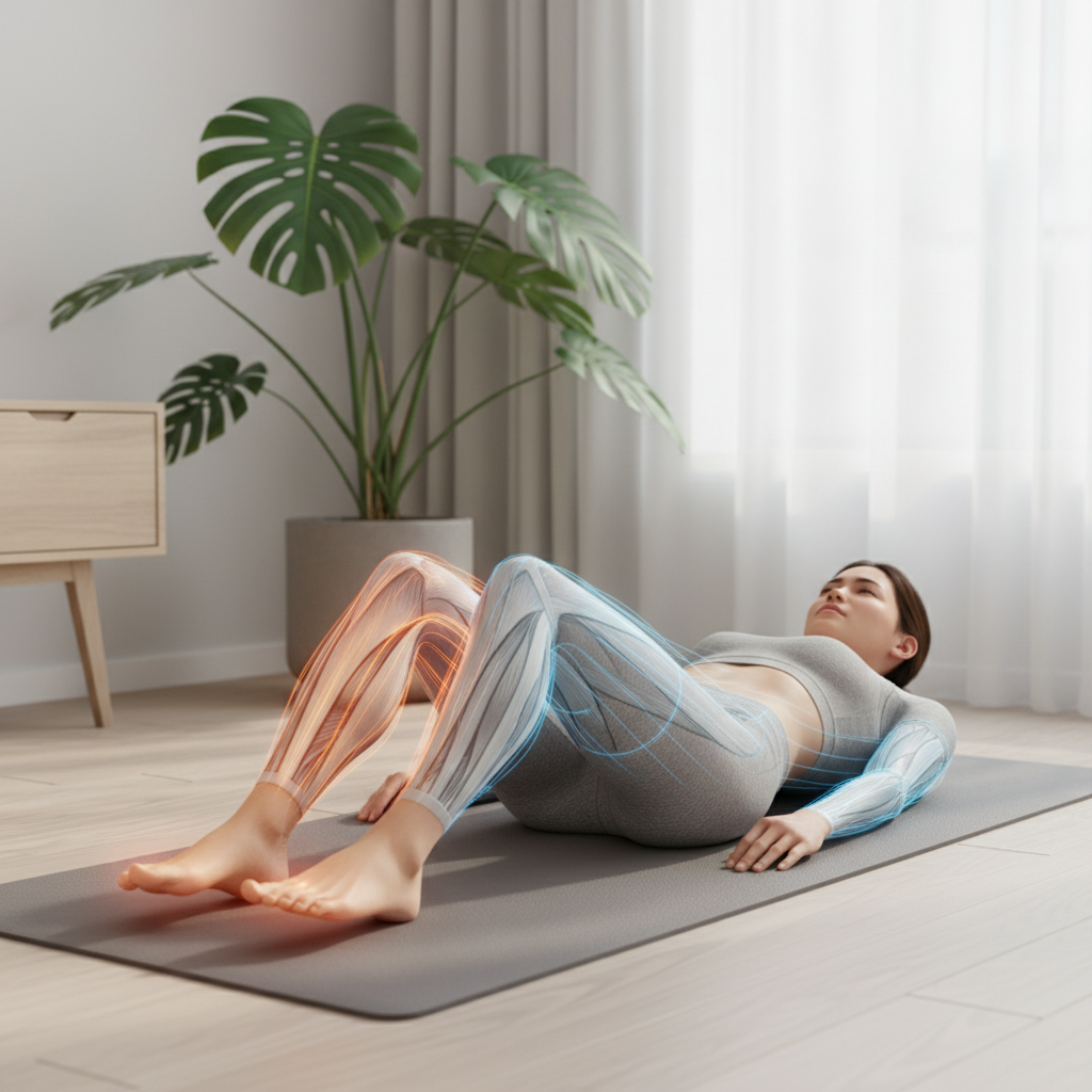 Step-by-step guide visual: a person in comfortable clothing sitting or lying down in a quiet space, demonstrating deep breathing, tensing, and releasing muscle groups in sequence.