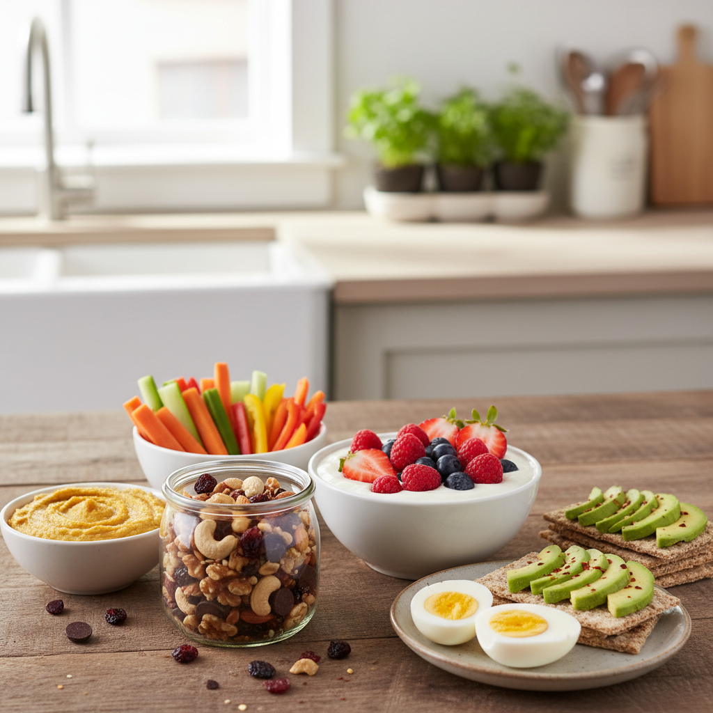 Illustration showing the benefits of healthy snacks, including stable energy levels, balanced blood sugar, and improved focus during a busy day.