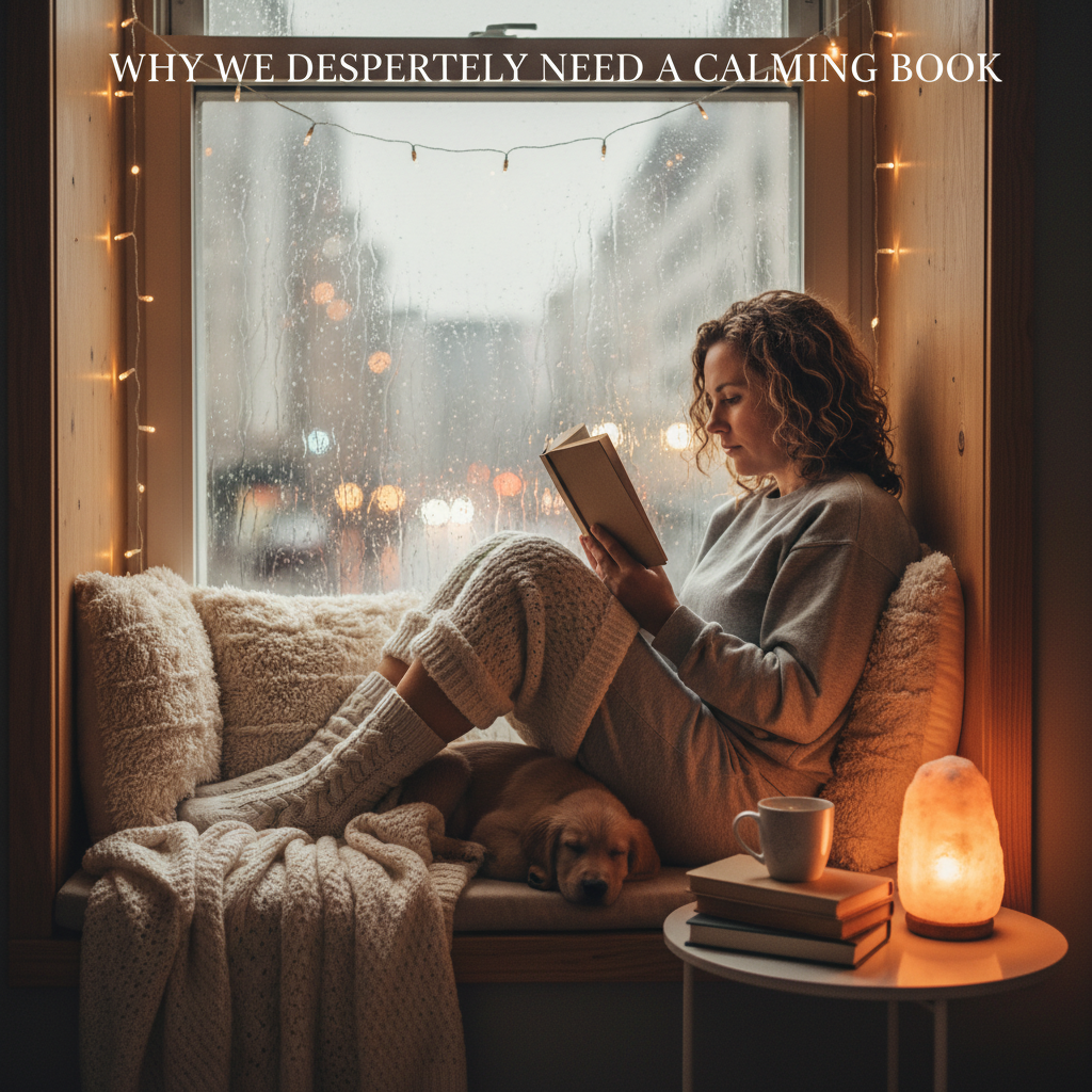 A peaceful reading setup showing a cozy nook with ambient lighting, aromatherapy candles or essential oils (like lavender), a journal beside an open book, emphasizing 'How to Maximize Your Relaxation with Calming Books'.