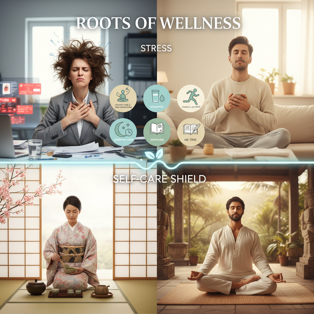 Depiction of cultural self-care traditions such as Japanese tea ceremony and Indian yoga illustrating the deep cultural roots of daily self-care habits for stress reduction