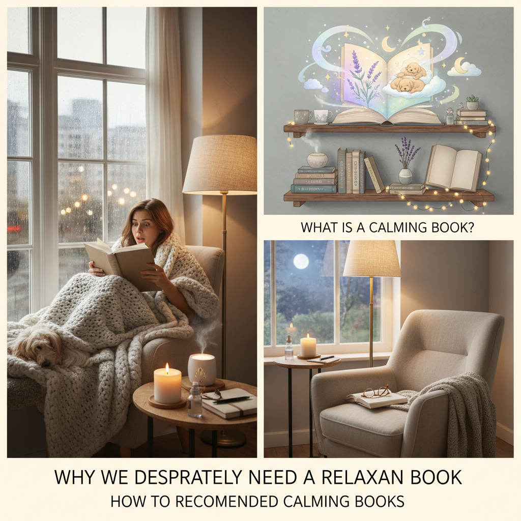 A display of the top recommended calming books including 'The Alchemist', 'Little Women', 'Stardust', '84 Charing Cross Road', and 'A New Earth', arranged attractively with peaceful background elements.