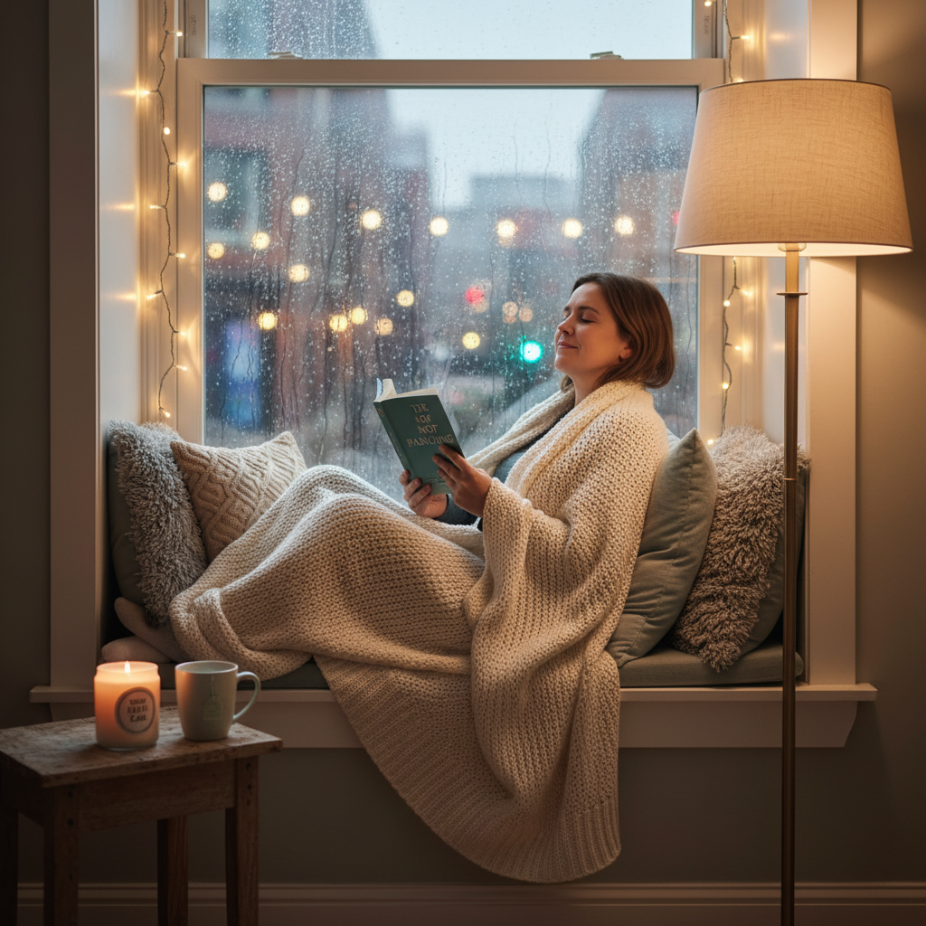 A person curled up in a cozy nook reading a book on a rainy night, surrounded by calming elements like warm blankets and soft lighting, representing 'Why We Desperately Need a Calming Book'.