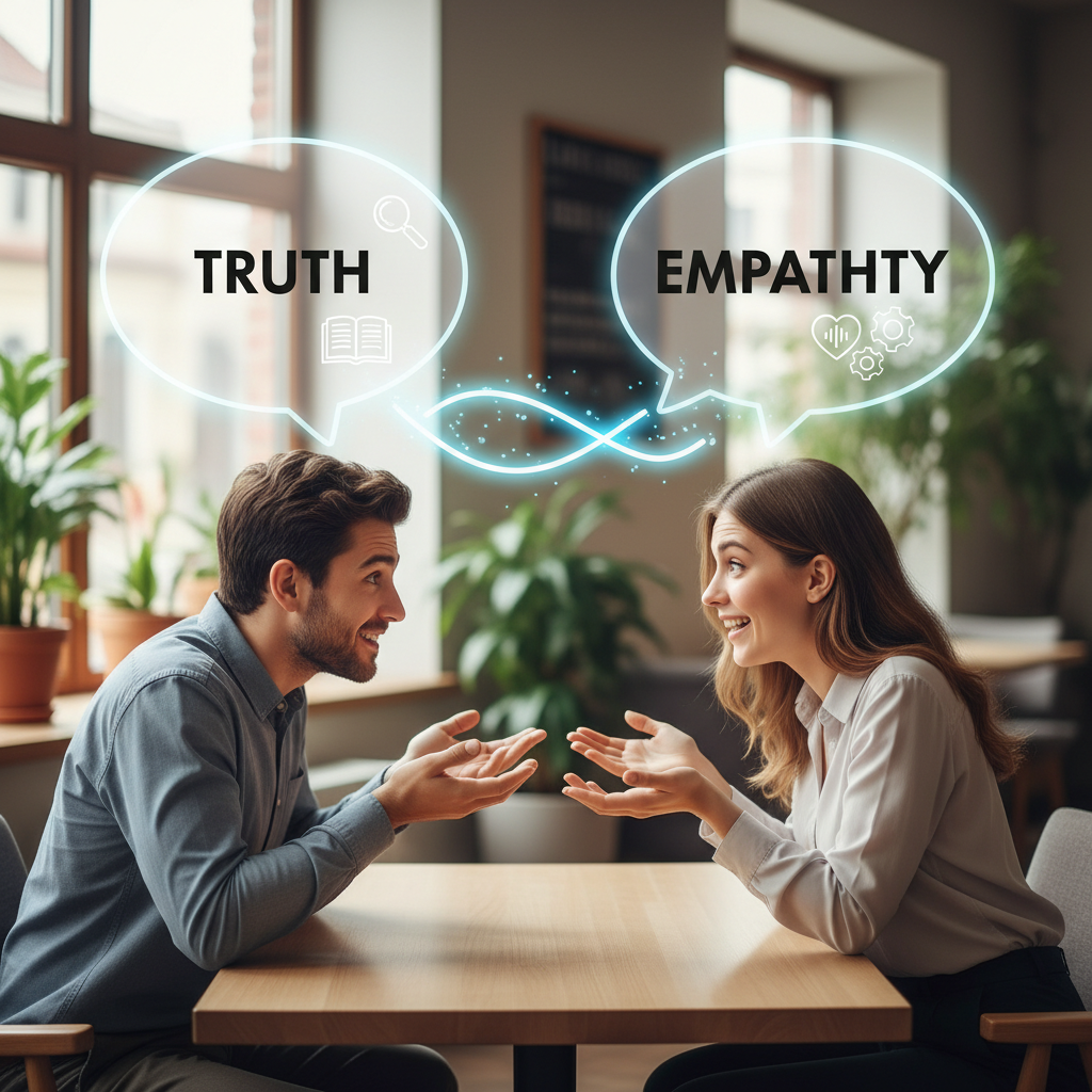 An illustration showing two people sitting face-to-face, engaging in open and honest communication with speech bubbles conveying transparency and active listening.