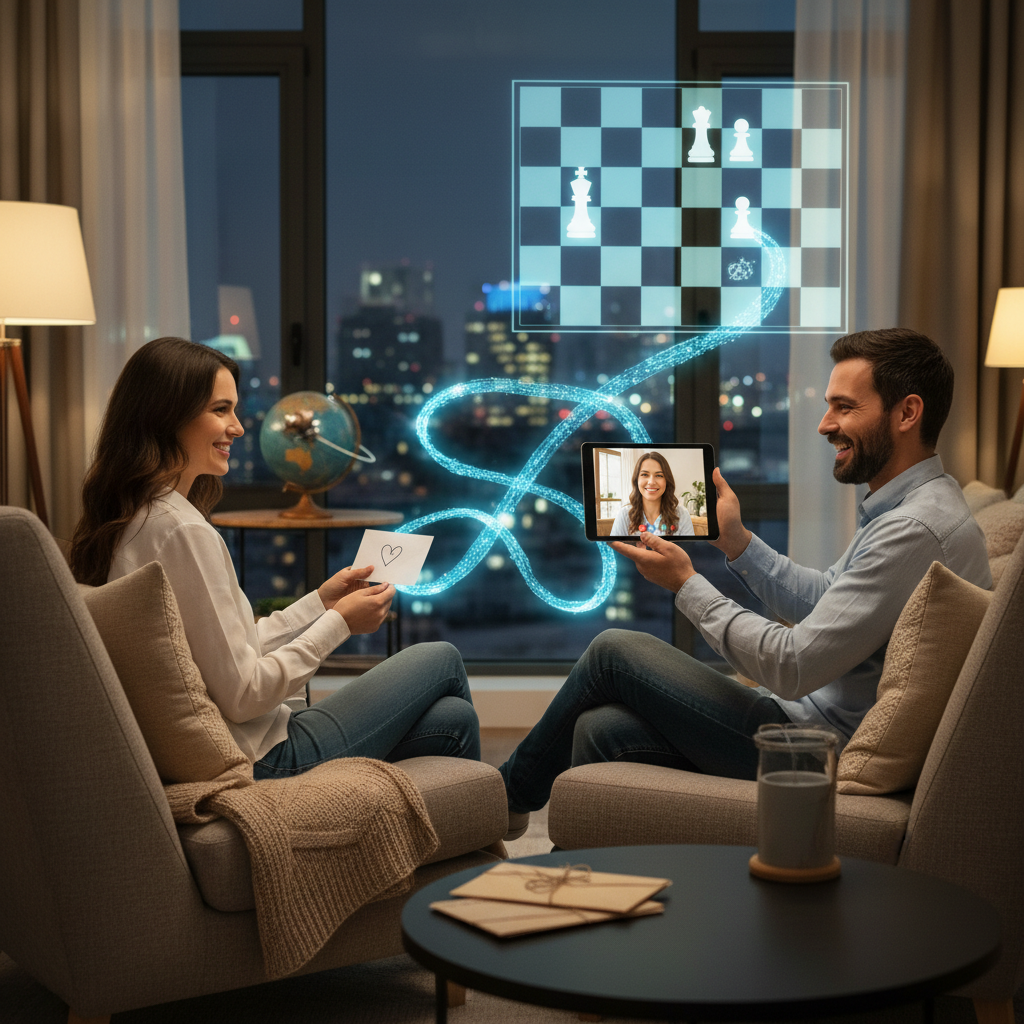 A creative depiction of a long-distance relationship, featuring people connecting through video calls, exchanging letters, and sharing virtual activities across a distance.