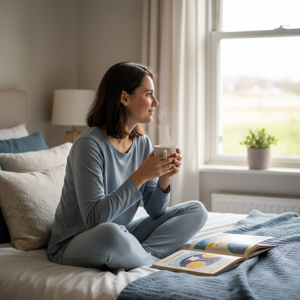 A cozy bedroom scene with elements that enhance bedtime routine: aromatherapy diffuser emitting lavender or sandalwood scent, soft breathable bedding, a laptop or phone turned off, and a person peacefully preparing for bed.