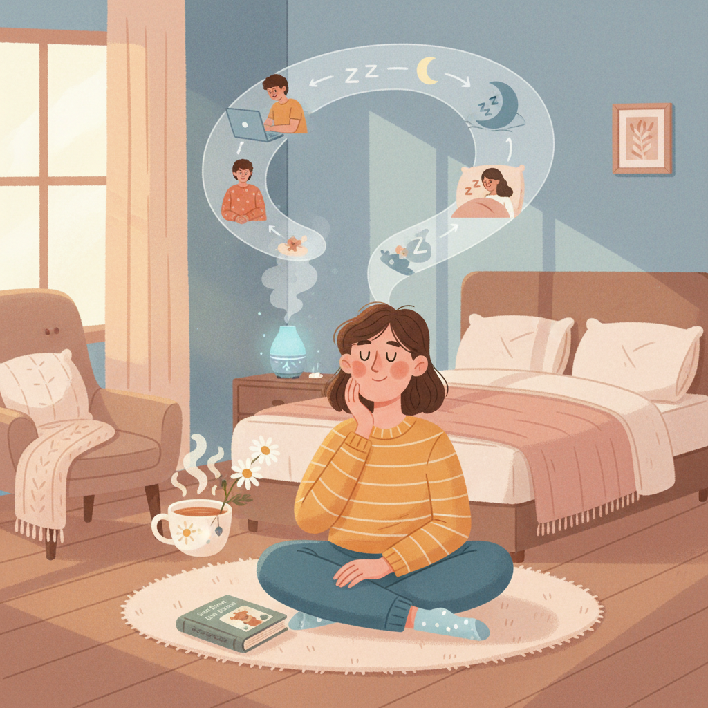 An illustration of a person reflecting on their personal journey towards better sleep, featuring a cozy bedroom setting with calming elements like chamomile tea and a child's bedtime storybook.