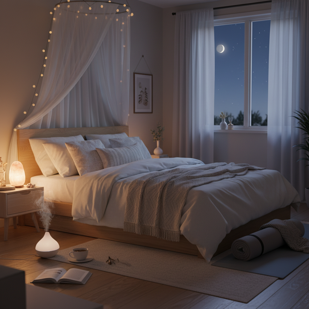 A person practicing mindfulness meditation and journaling in a cozy, quiet space, showing personal experience with nighttime routines.