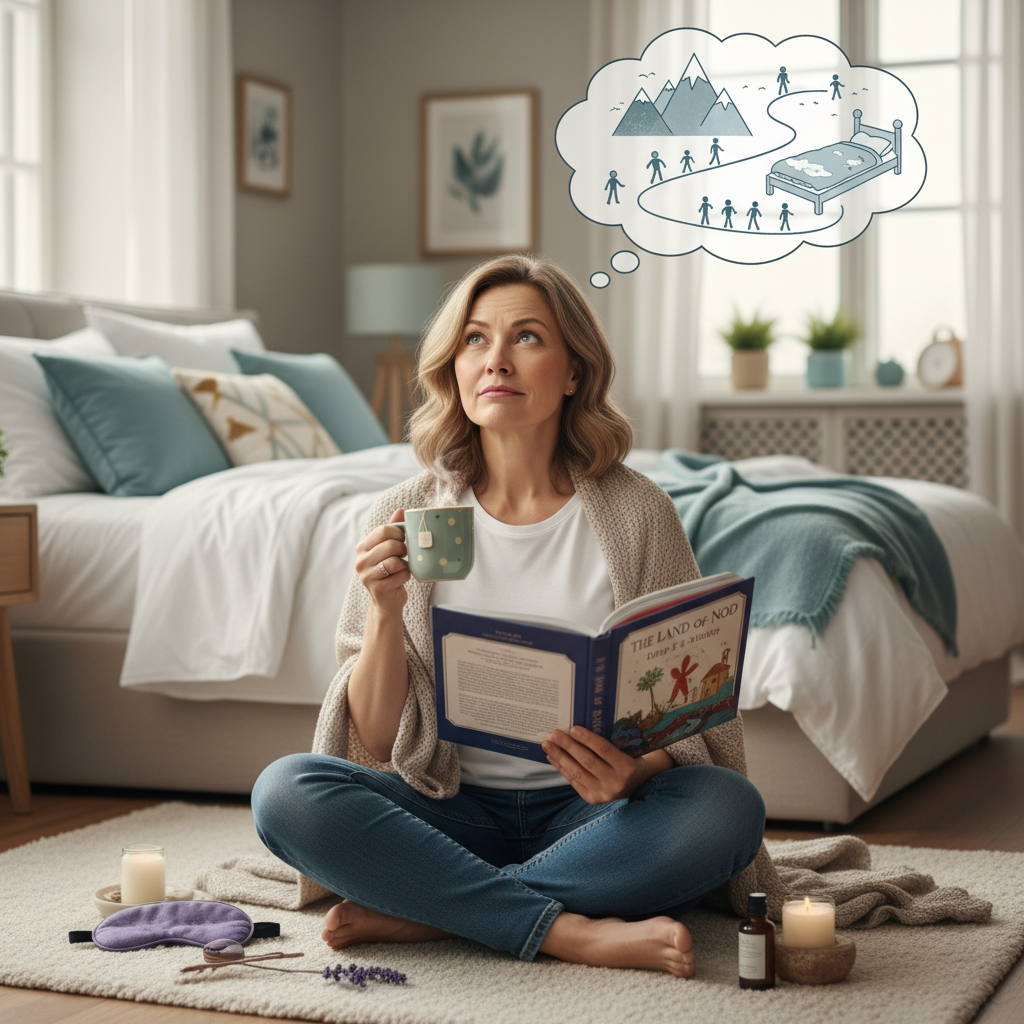 An infographic showing the benefits of a relaxing bedtime routine, including reduced stress, lower cortisol levels, deeper sleep, and faster sleep onset, possibly with a brain and a superhero cape symbolizing sleep enhancement.