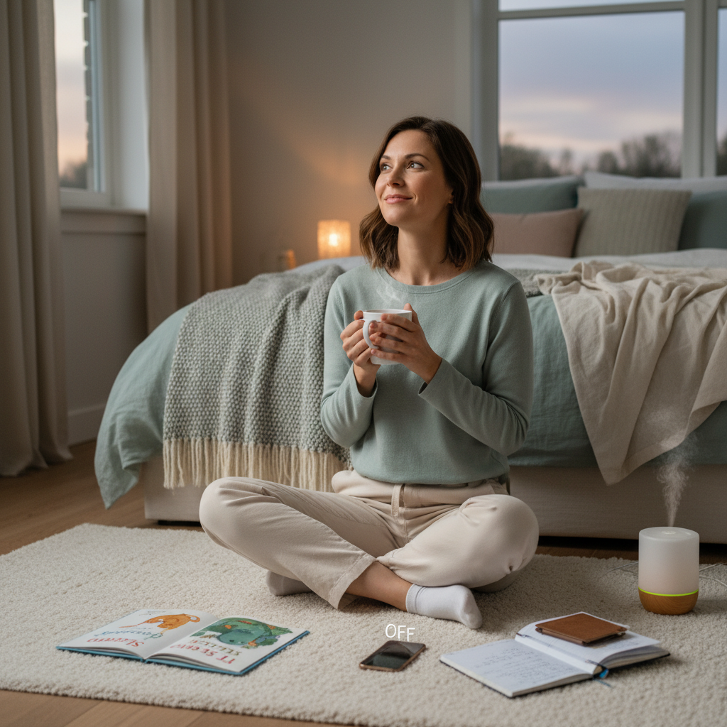 A step-by-step visual guide depicting the best relaxing bedtime routine activities: setting a consistent sleep schedule, powering down electronics, creating a calm environment, practicing relaxation techniques, enjoying a warm caffeine-free beverage, taking a warm bath or shower, and journaling or practicing gratitude.