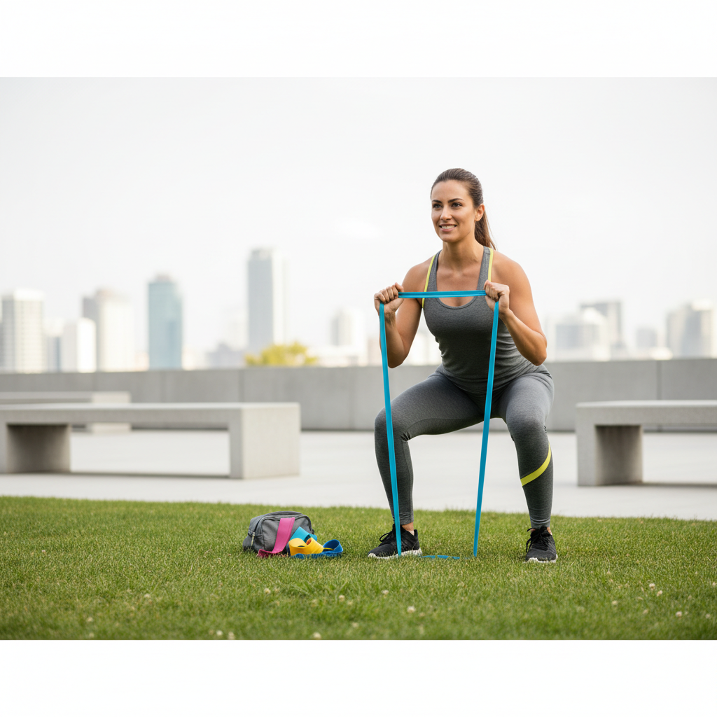 A person exercising outdoors with resistance bands, showing their lightweight and portable nature.