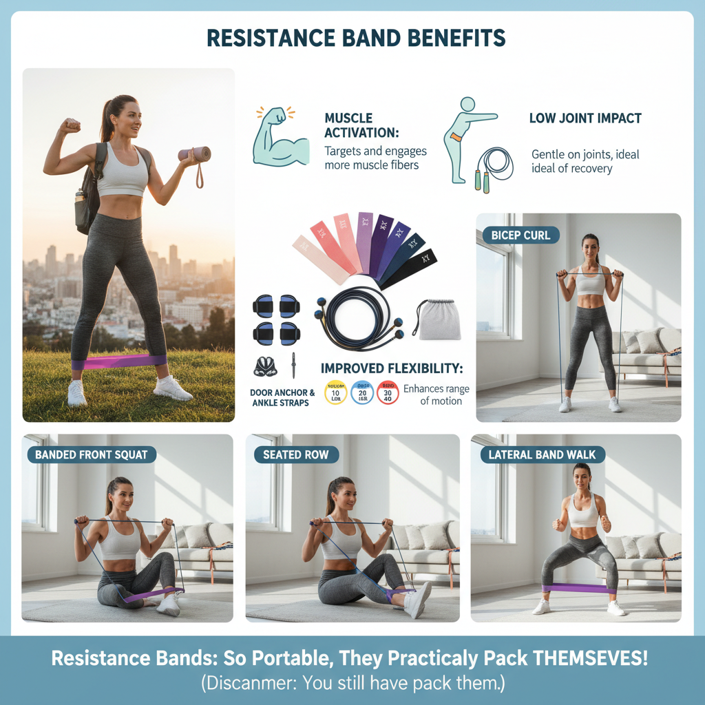 An infographic highlighting the benefits of resistance band training, including muscle activation, flexibility, and low joint impact.