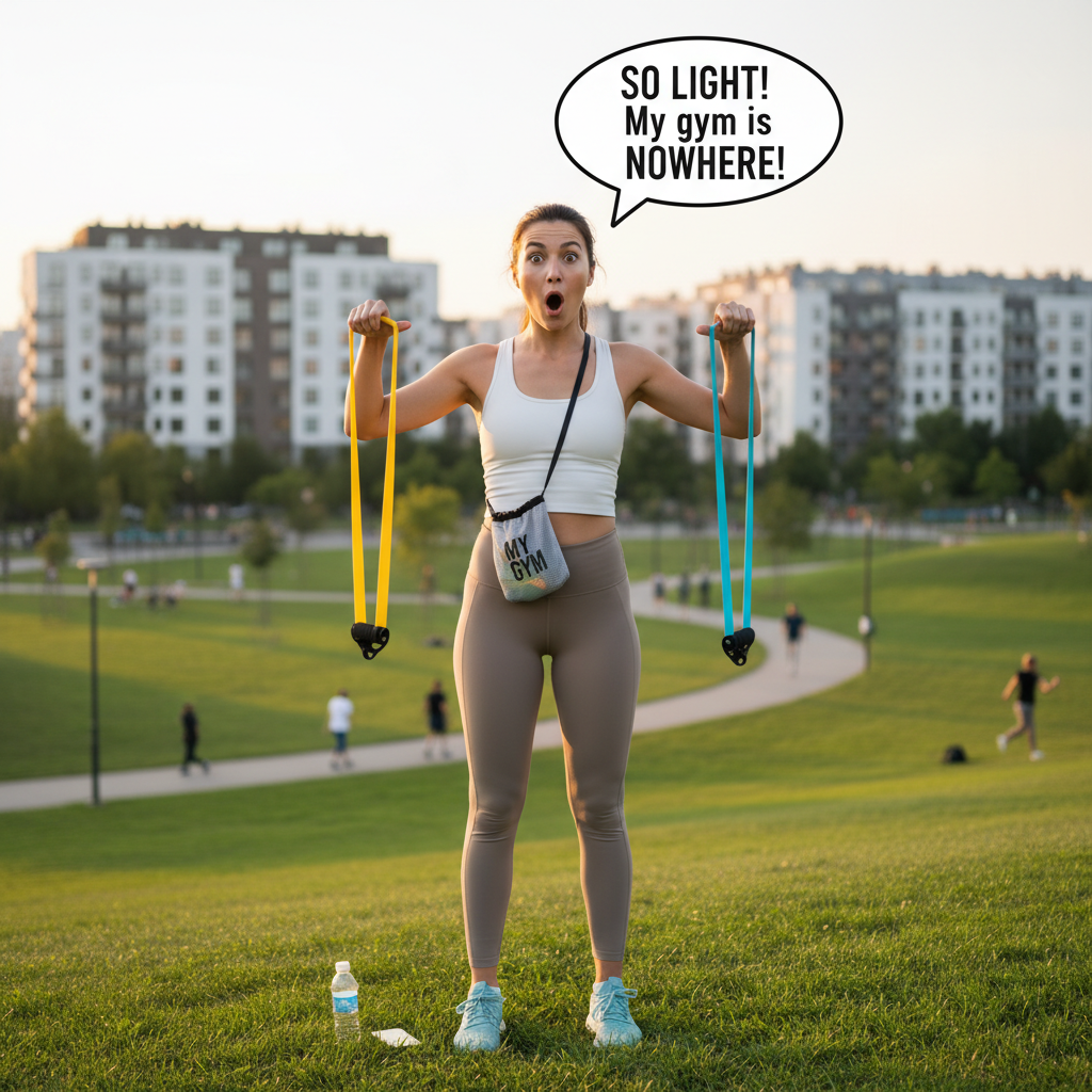 A variety of resistance bands displayed with labels indicating different resistance levels and accessories for home workouts.