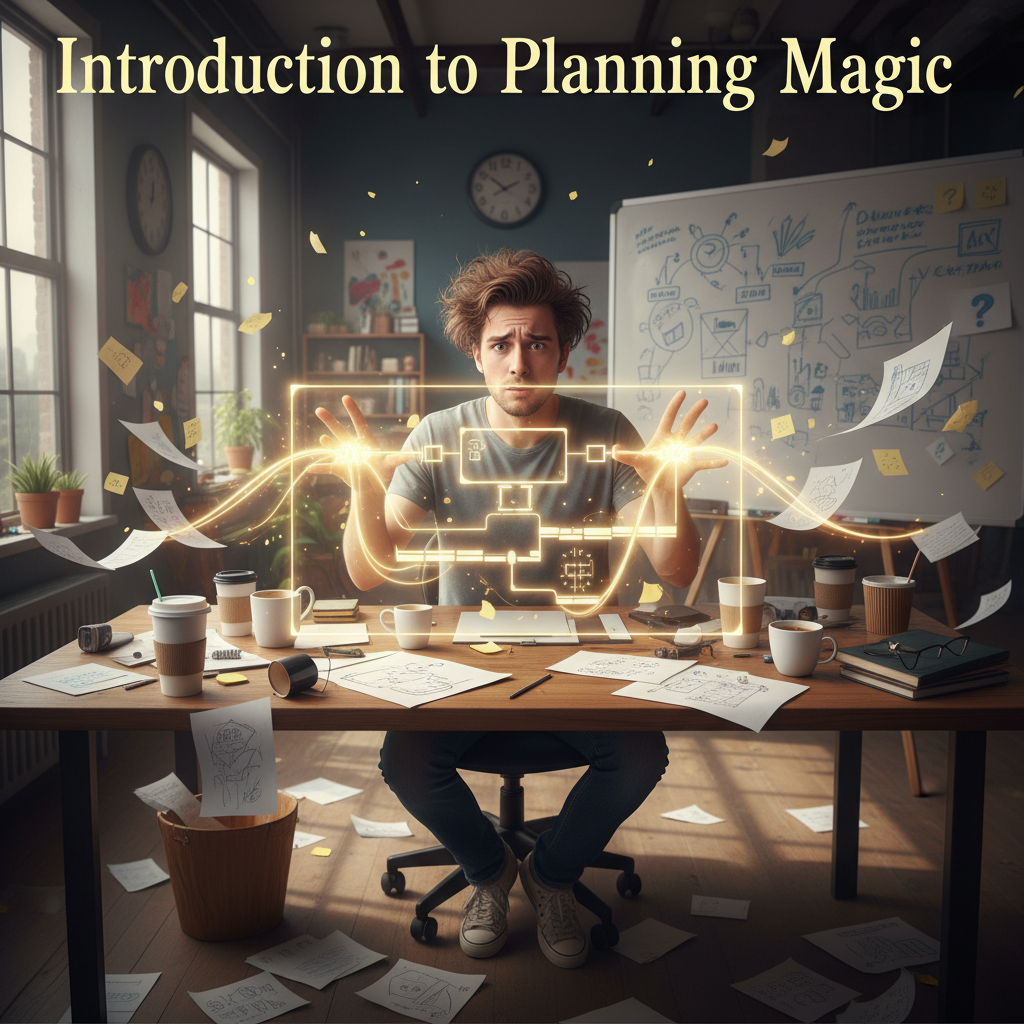 A step-by-step project planning process visualized as a magical blueprint or map, featuring key steps like defining vision, researching, breaking down tasks, budgeting, testing, and final execution with mystical icons