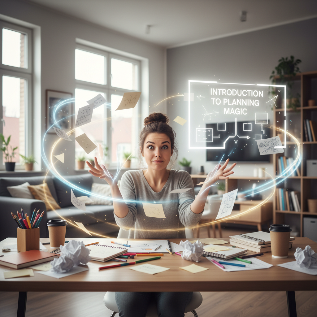 A creative workspace with a person surrounded by notes, sketches, and magical glowing effects symbolizing turning chaotic ideas into a clear project