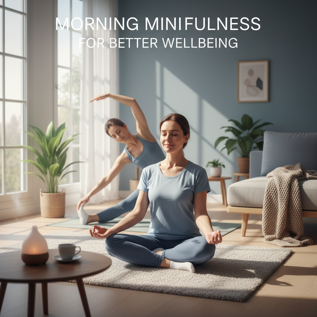 A peaceful morning scene with a person practicing mindfulness meditation and stretching in a serene environment to depict 'Morning Mindfulness for Better Wellbeing'.