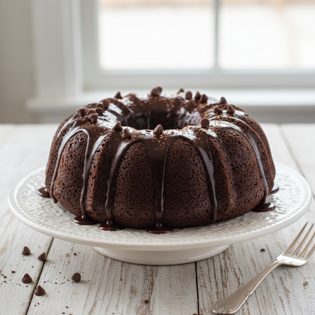 Step-by-step collage of baking process: greasing a Bundt pan, mixing ingredients in a bowl, pouring batter into pan, the Bundt cake baking in the oven, and pouring ganache glaze over the cooled cake.