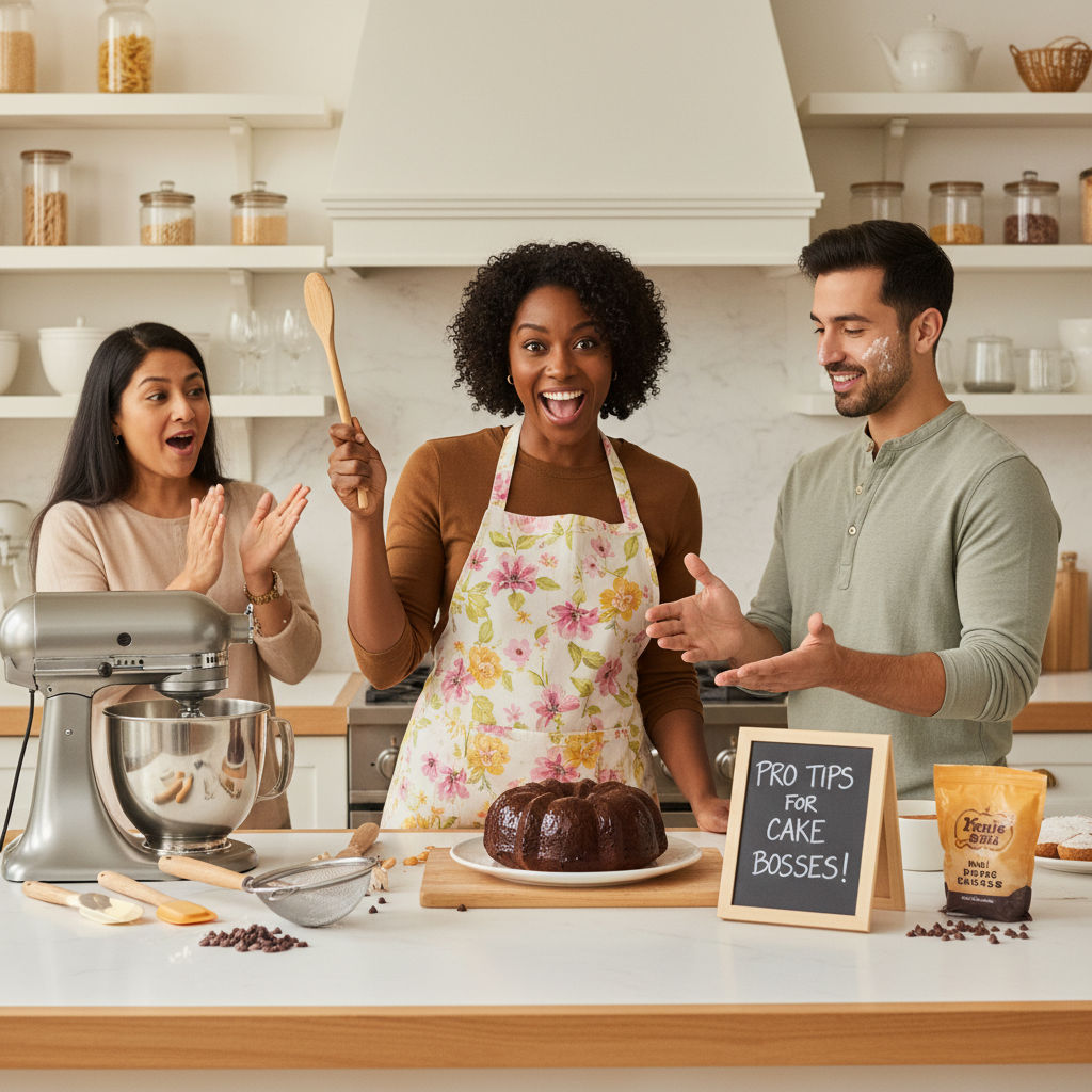 An arrangement of all key ingredients for the chocolate Bundt cake recipe: chocolate cake mix, instant pudding mix, eggs, sour cream, vegetable oil, coffee, mini chocolate chips, semi-sweet chocolate, and heavy cream.
