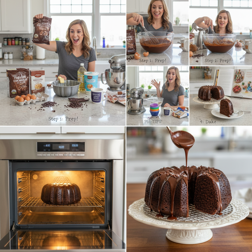 A moist and fudgy homemade chocolate Bundt cake with a glossy chocolate ganache glaze, displayed on a decorative plate.