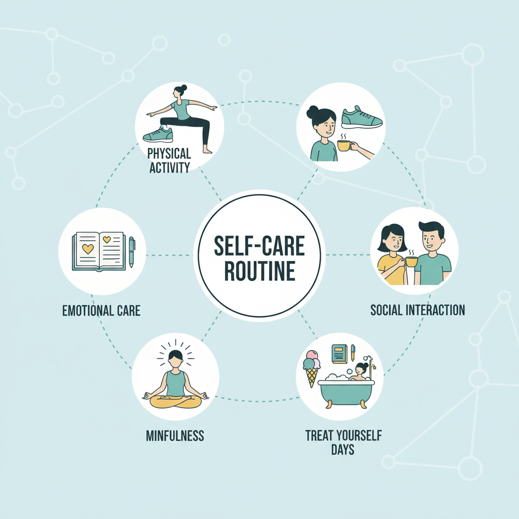 A person happily engaged in various self care activities like meditation, exercise, journaling, and socializing, symbolizing the importance of building a personal self care routine.