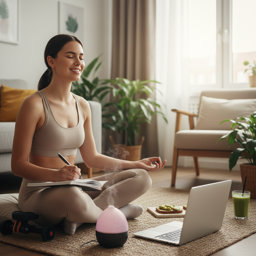 An illustrative diagram or collage showing the essential building blocks of a self care routine: physical activities like yoga or walking, emotional care journaling or gratitude, mindfulness meditation, social interactions, and treat yourself days.