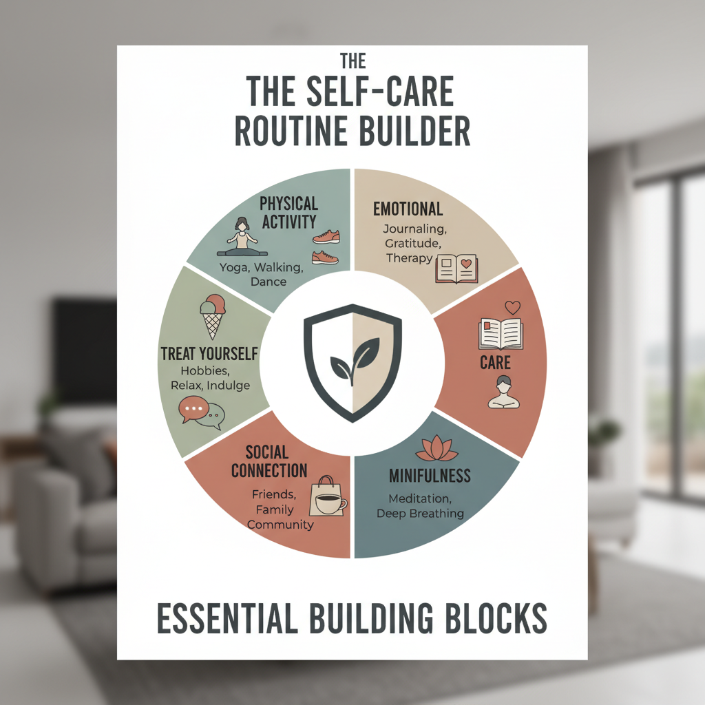 A vibrant image showcasing the benefits of consistent self care routines: reduced stress, improved physical health, emotional resilience, enhanced productivity, and increased joy, represented through calm and energized individuals.