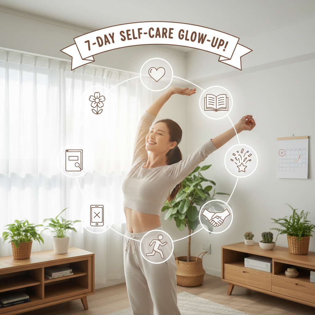 Illustration representing the concept and benefits of a 7-day self care challenge, showing a person feeling happy and healthy after completing the challenge.