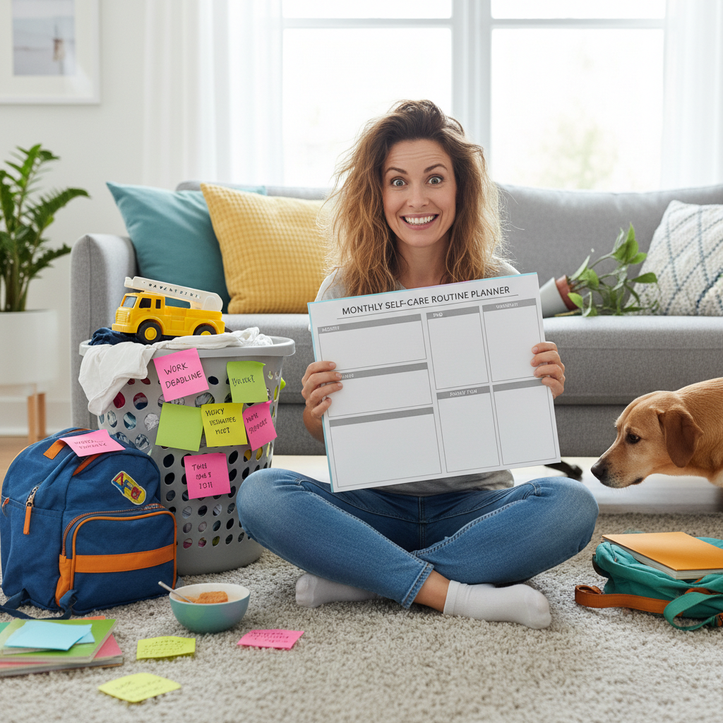 Creative depiction of tips for staying consistent with self care, such as visual reminders on a bathroom mirror or desk, sharing progress on social media, and a bundt cake analogy representing structure and mindfulness.