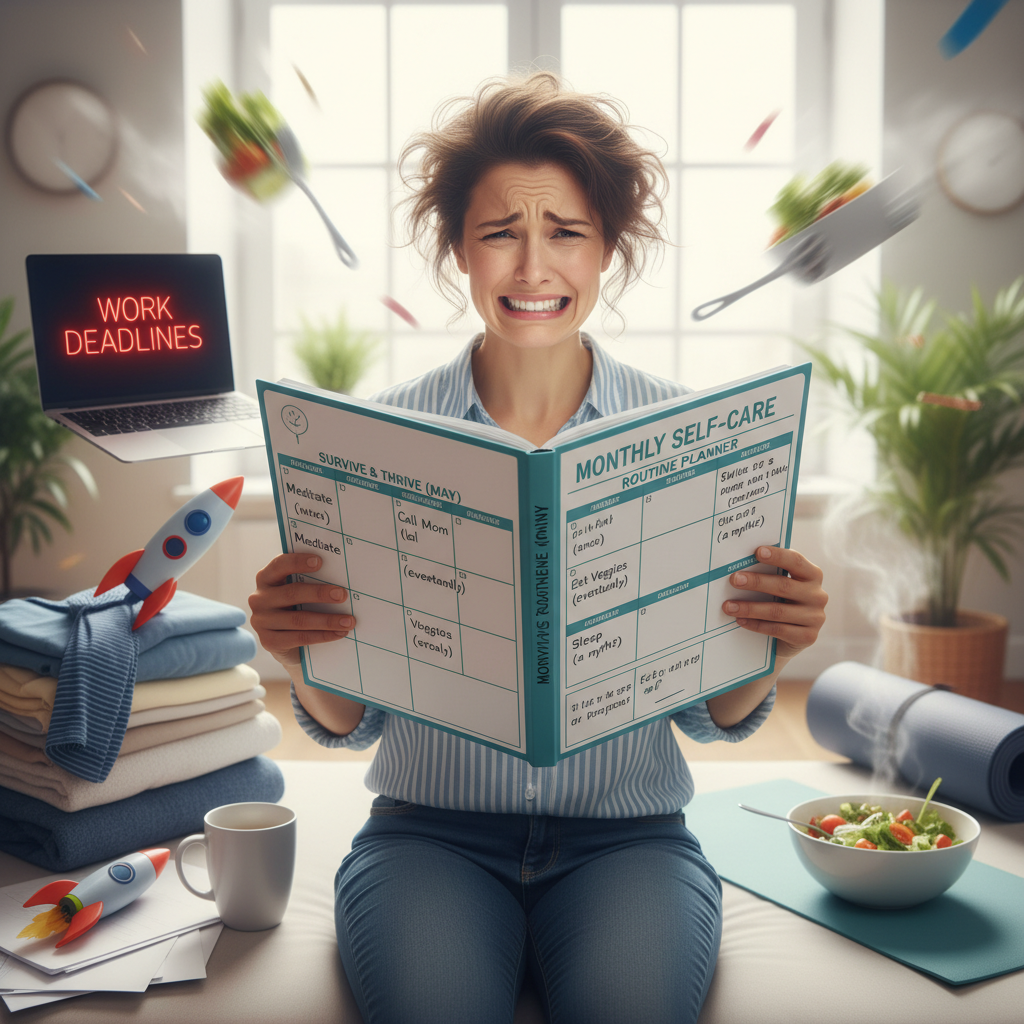 Illustration of a person managing a chaotic life with a monthly self care routine planner, surrounded by work deadlines, family life, and personal wellness activities.