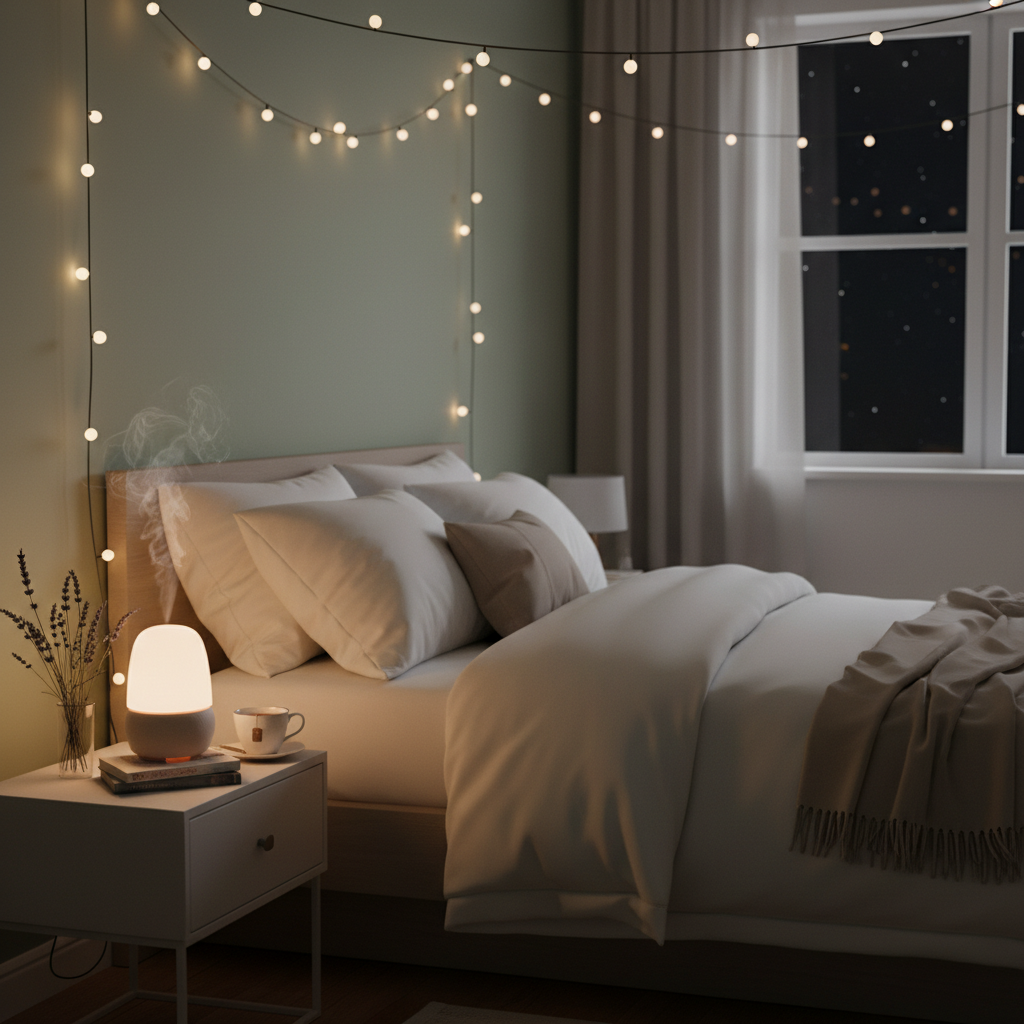 An infographic-style image showing key elements that reduce stress effectively at night: meditation, gentle yoga stretches, turning off electronics, and sipping herbal tea.