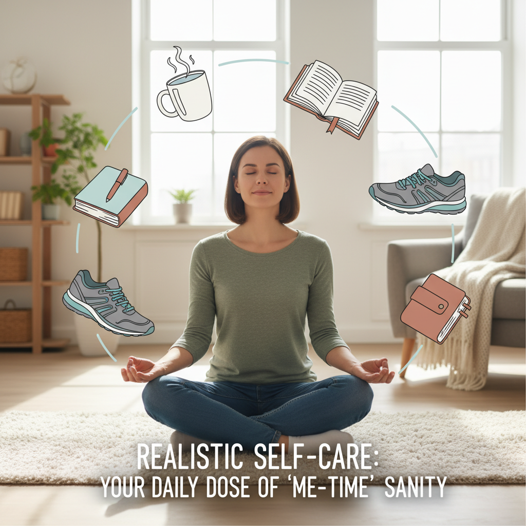 A peaceful outdoor setting with a person walking phone-free, doing deep breathing exercises, and preparing a healthy snack, depicting simple nourishing self-care activities.