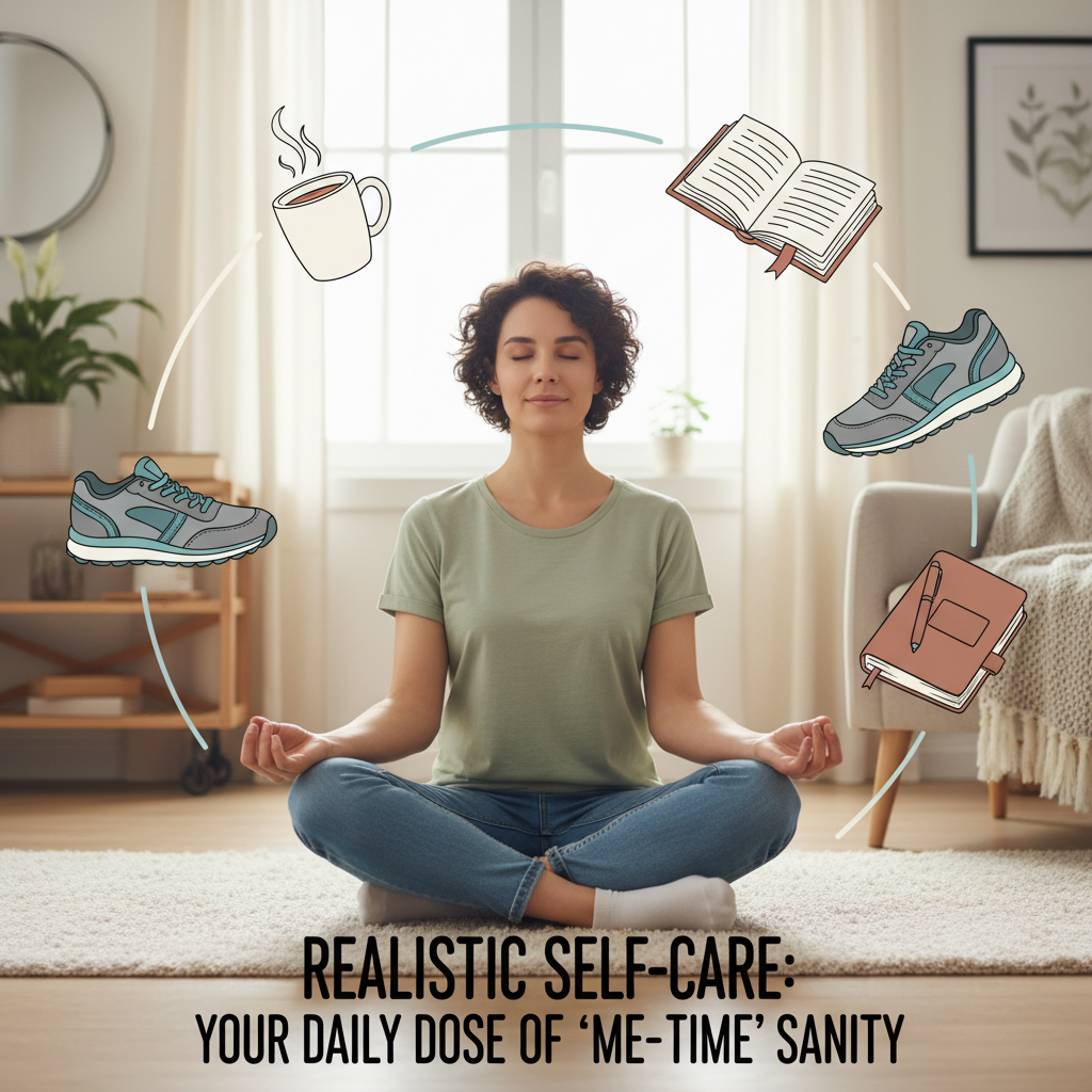 An illustration showing a calm and balanced person surrounded by simple self-care icons like a cup of tea, book, running shoes, and a journal, representing why a realistic self-care routine matters.