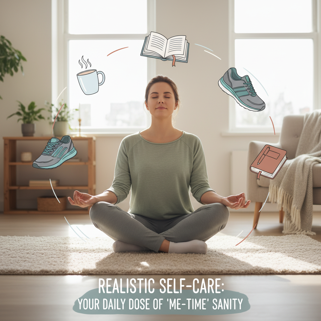 A cozy scene of someone thoughtfully writing on a Post-it note or journal with questions about their current wellbeing needs, highlighting the assessment step.