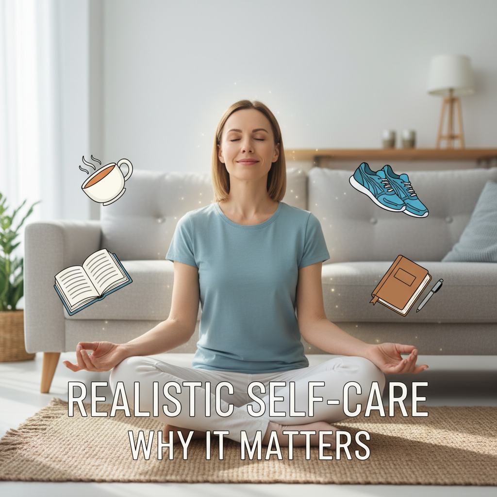 A colorful balanced plate or pizza metaphor with sections labeled Physical, Emotional, Social, and Mental self-care activities, symbolizing the balance of different self-care types.