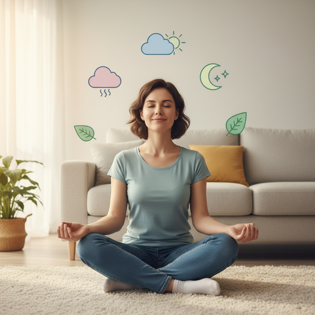 A clear and engaging FAQ visual with icons or illustrations symbolizing common questions about mindfulness apps, maintaining routines on busy days, brain-boosting foods, and reducing anxiety through self care habits.