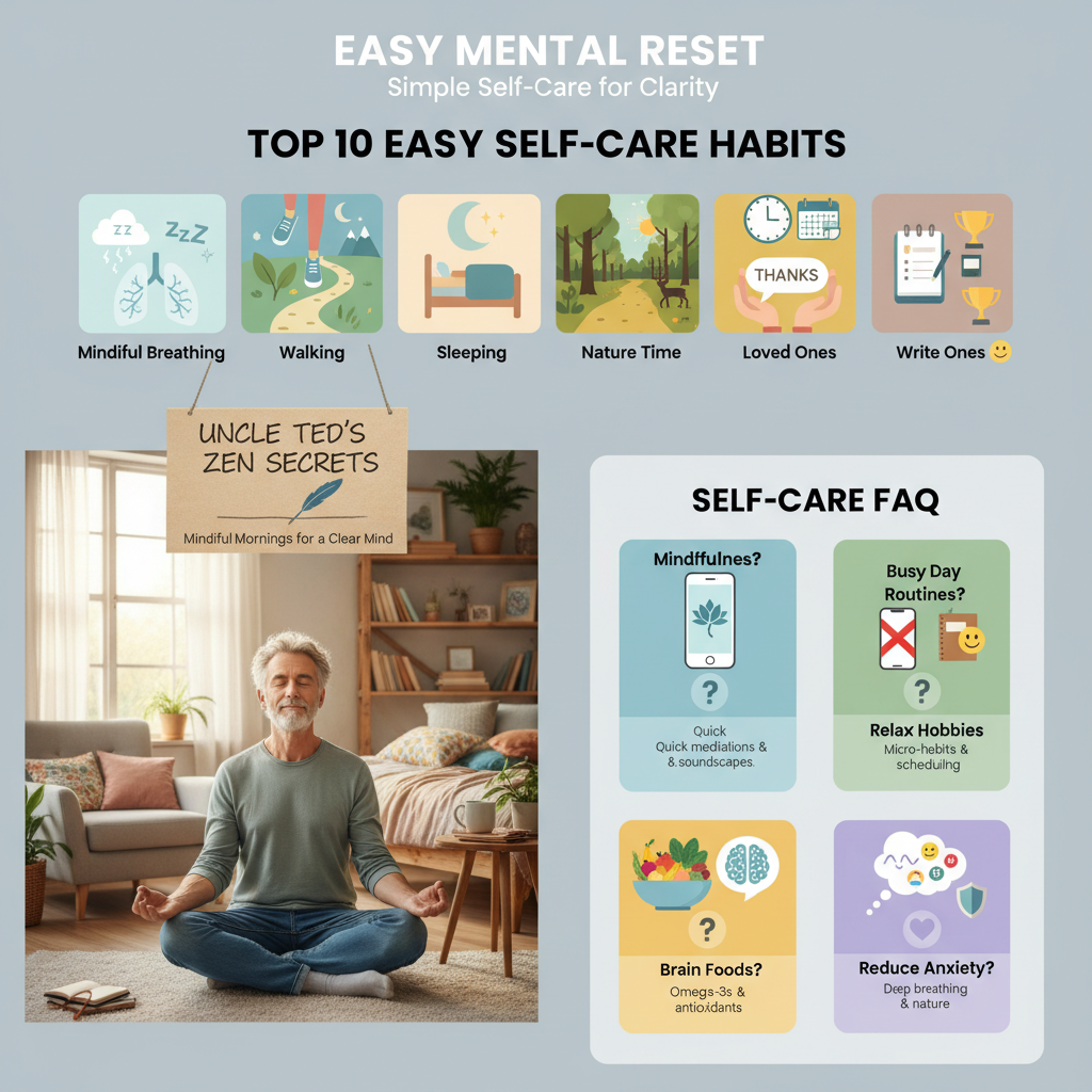 Illustration of a person looking mentally refreshed and calm, surrounded by icons representing simple self care habits like breathing, sleep, and nature, to depict the concept of easy self care habits for mental clarity.