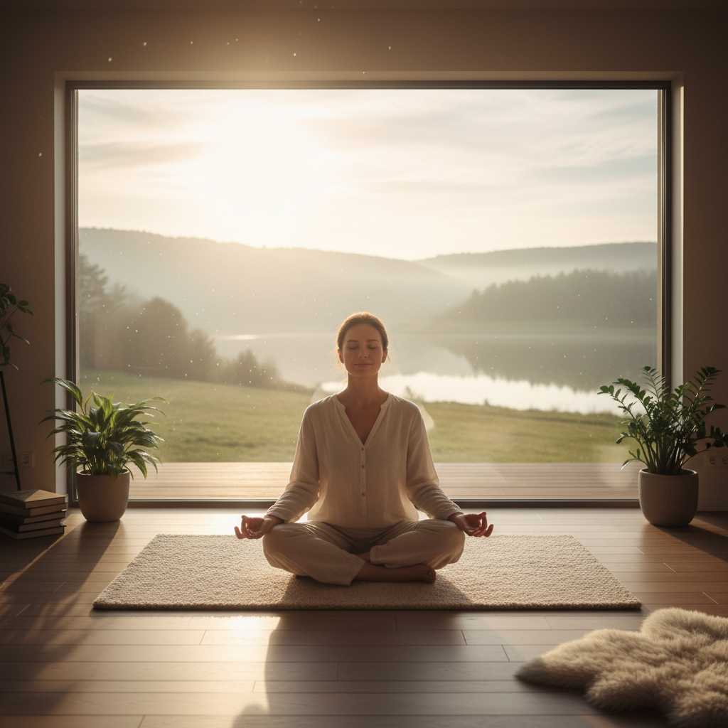 A collection of simple mindful morning routine activities: a person journaling gratitude, a glass of water and healthy breakfast, gentle stretching exercises, and a person reciting daily affirmations in front of a mirror.