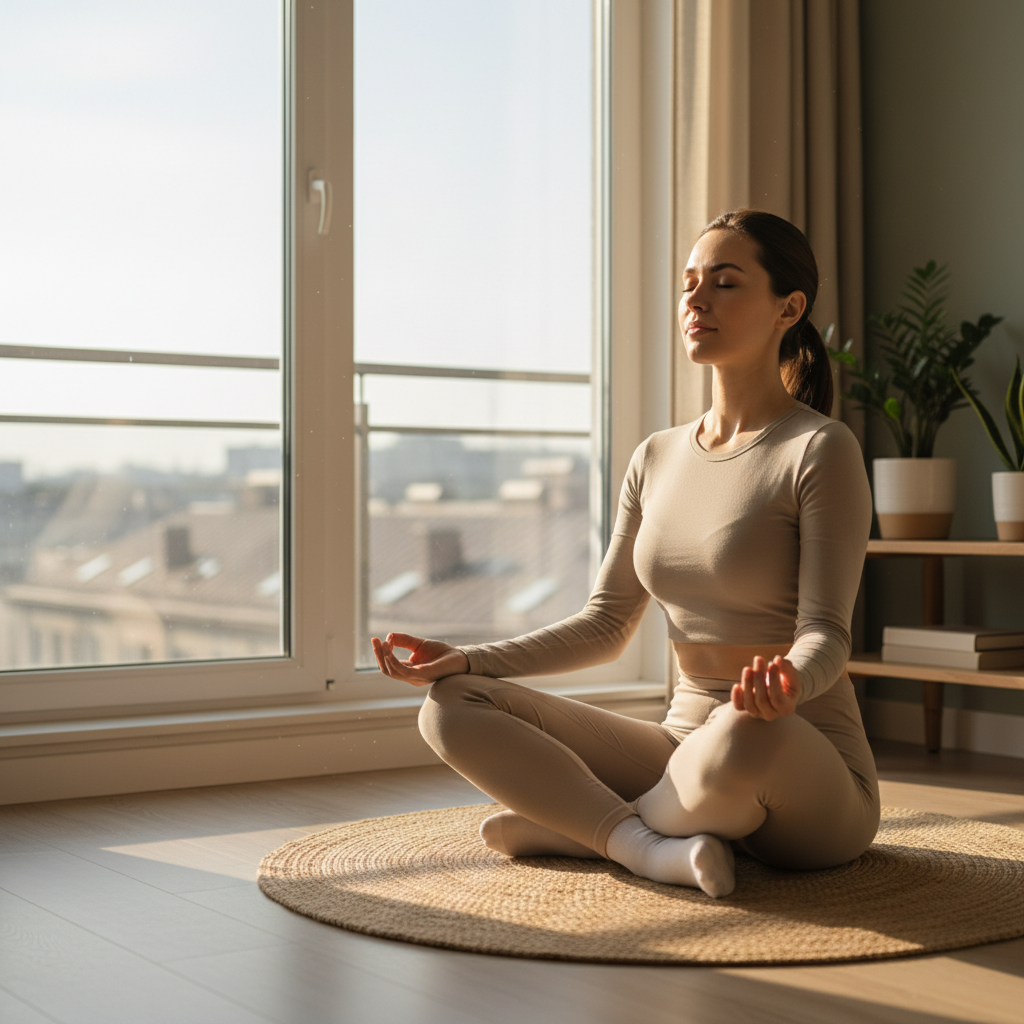 A motivational image depicting the concept of starting small and building up a routine, such as a small plant growing step-by-step or footprints leading forward, with a calm and encouraging atmosphere.