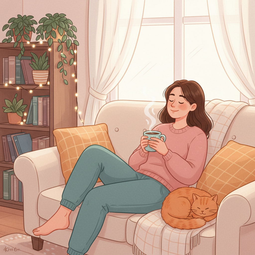Illustration of a busy person taking a 10 minute self care break at home, relaxed and happy