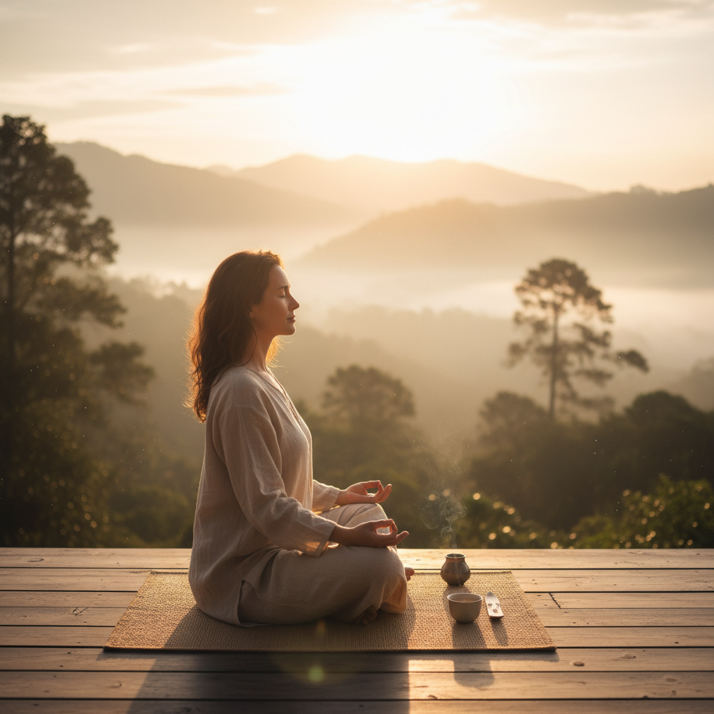 An infographic-style image showing the benefits of mindful morning routines, including lowered stress (symbolized by a relaxed figure and reduced cortisol icon), increased focus (a sharp blade or lightbulb), mental clarity (clear sky or tidy desk), and energized body (hydration and movement icons).