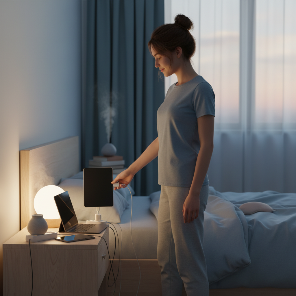 A cozy bedroom scene emphasizing a sleep-friendly environment with dim lights, calming scents like lavender, and minimal clutter promoting restful sleep.