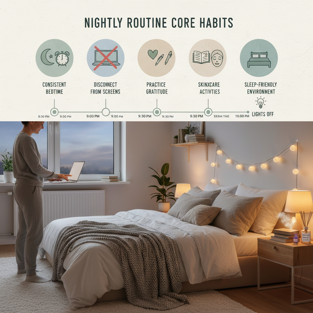 A timeline infographic showing a sample night routine from 8:30 PM to 10:00 PM with activities like journaling, gentle yoga, skincare, and reading before lights off.