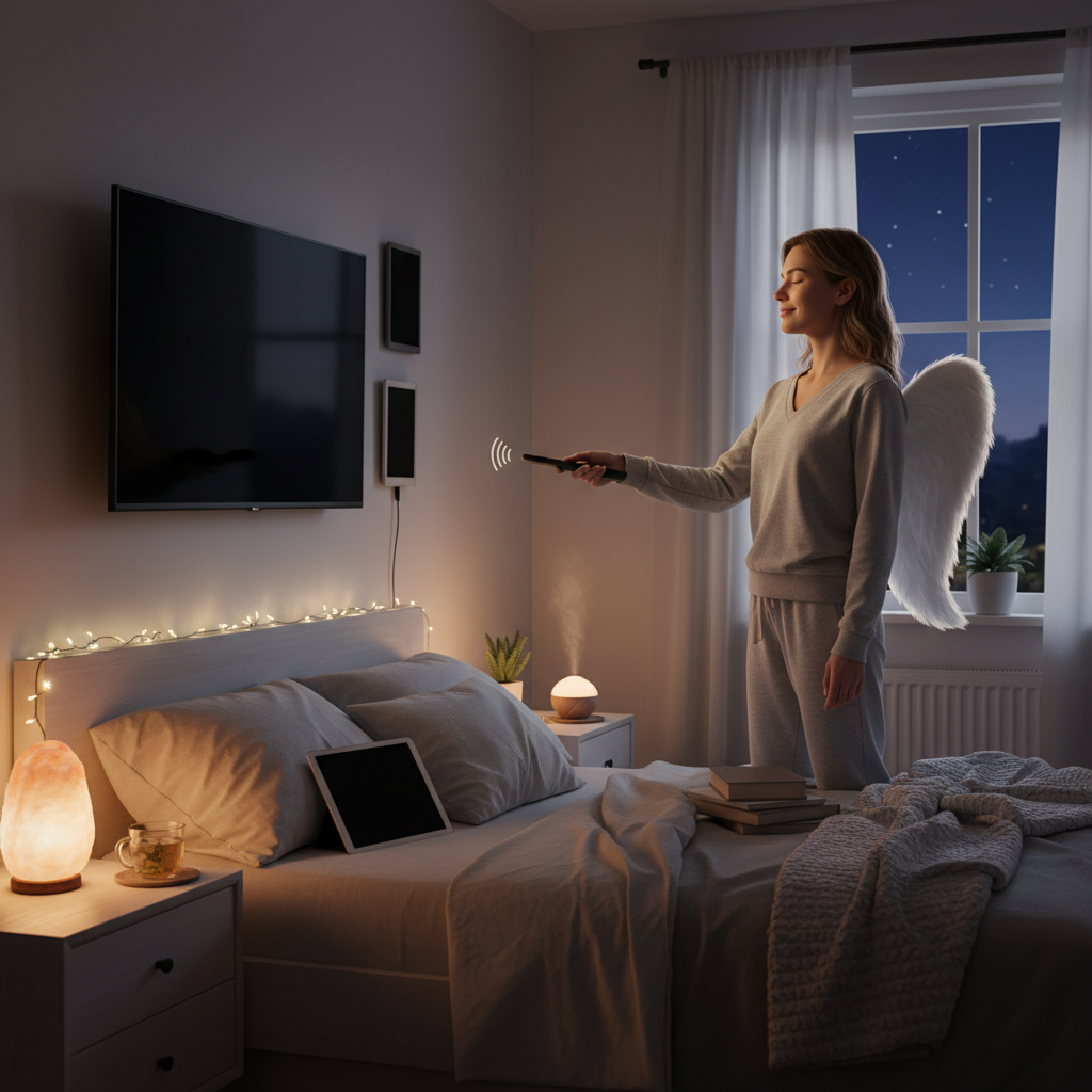 A peaceful evening setting with a person turning off screens and preparing for bed, highlighting a calm atmosphere to start a productive night routine.