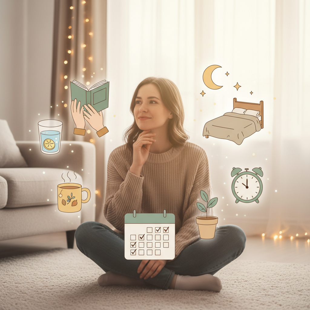 A step-by-step infographic-style image showing how to build a consistent self-care routine: defining needs and goals, starting small, scheduling self-care, and making it enjoyable and practical, with icons for each step