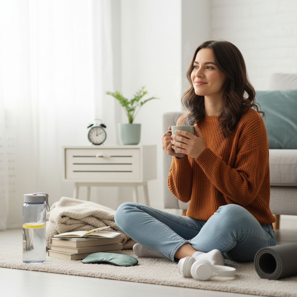 An illustration of a person reflecting on their personal self-care journey, showing small daily habits like drinking water and setting a bedtime, with a warm and inviting atmosphere