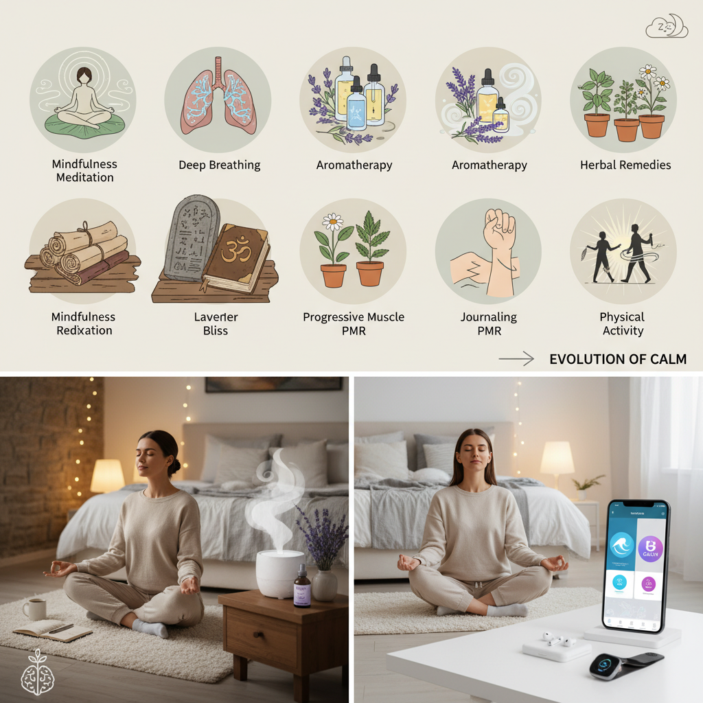 Cozy bedroom scene with a person meditating and journaling, lavender oil diffuser emitting calming scent, creating a spa-like relaxing bedtime atmosphere.