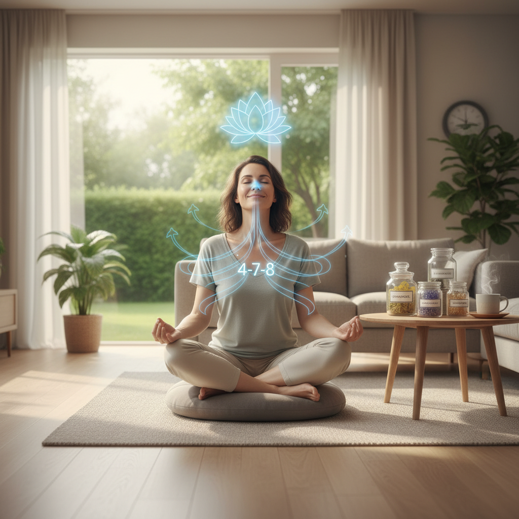 An illustration representing the benefits of choosing natural remedies for anxiety, depicting a calm person surrounded by nature, herbal teas, and peaceful symbols like a lotus flower.