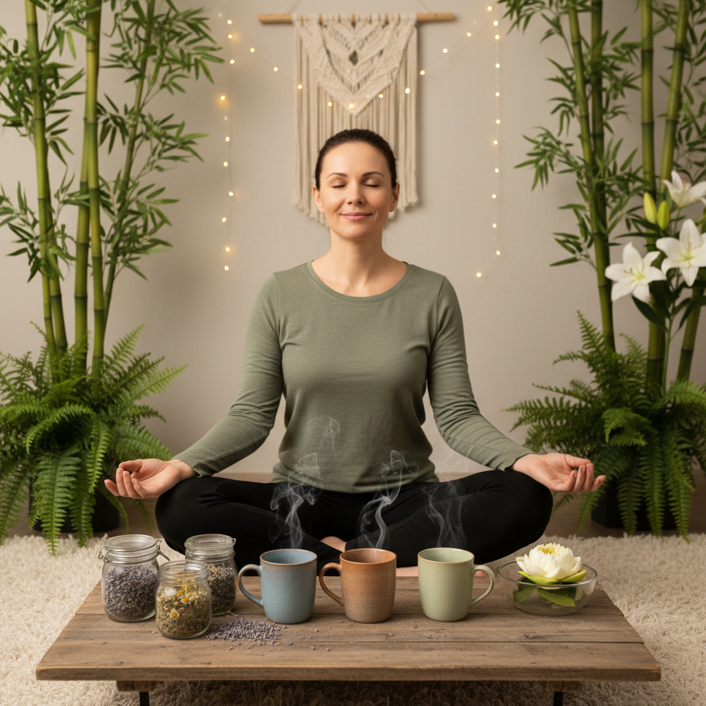 A serene scene showing a person practicing mindfulness meditation, sitting cross-legged in a tranquil environment with soft light and calming surroundings.