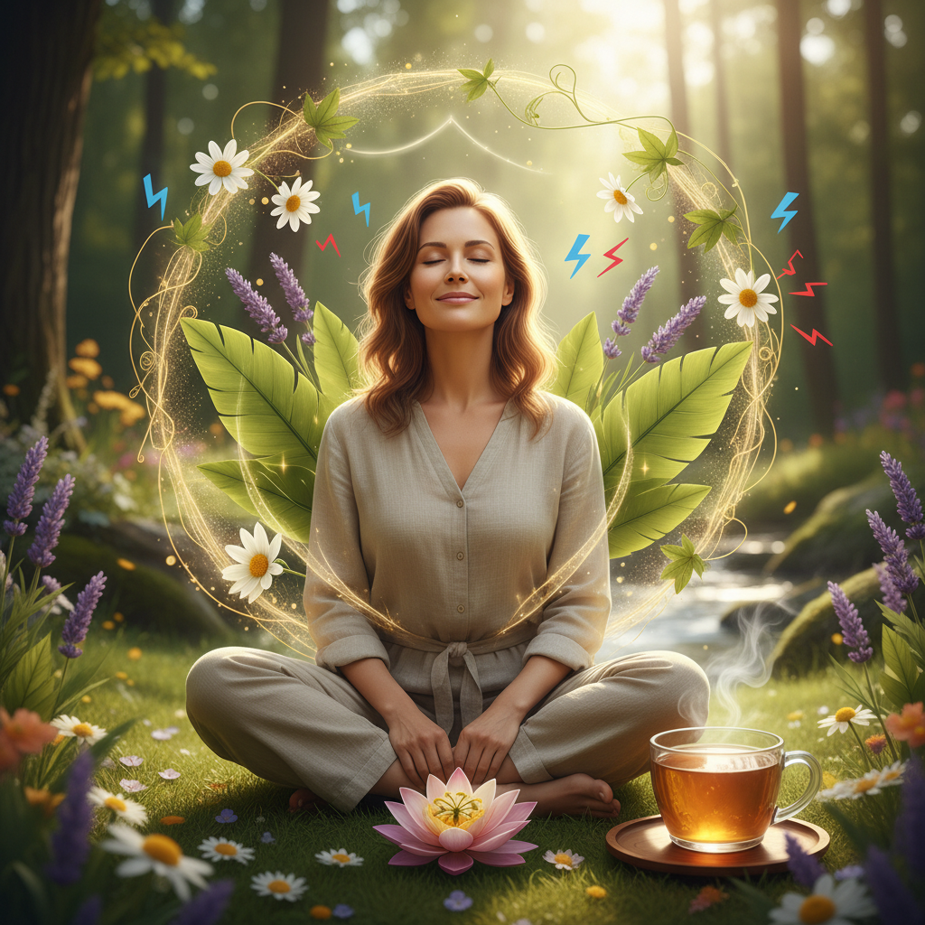 A cozy setup featuring herbal supplements and teas such as chamomile, lavender, and passionflower, alongside a cup of steaming tea on a wooden table.