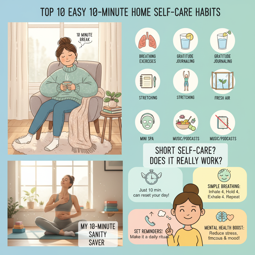 Visual infographic displaying the top 10 easy self care habits to do at home in 10 minutes with icons